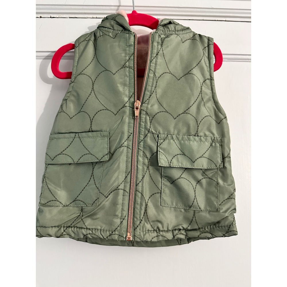 Penelope Mack Baby Girls Sage Green Heart Quilted Puffer Vest Faux Fur Lined 18M